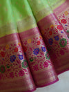 Banarasee Handwoven Semi Silk Saree With Meena Border Design-Mint Green