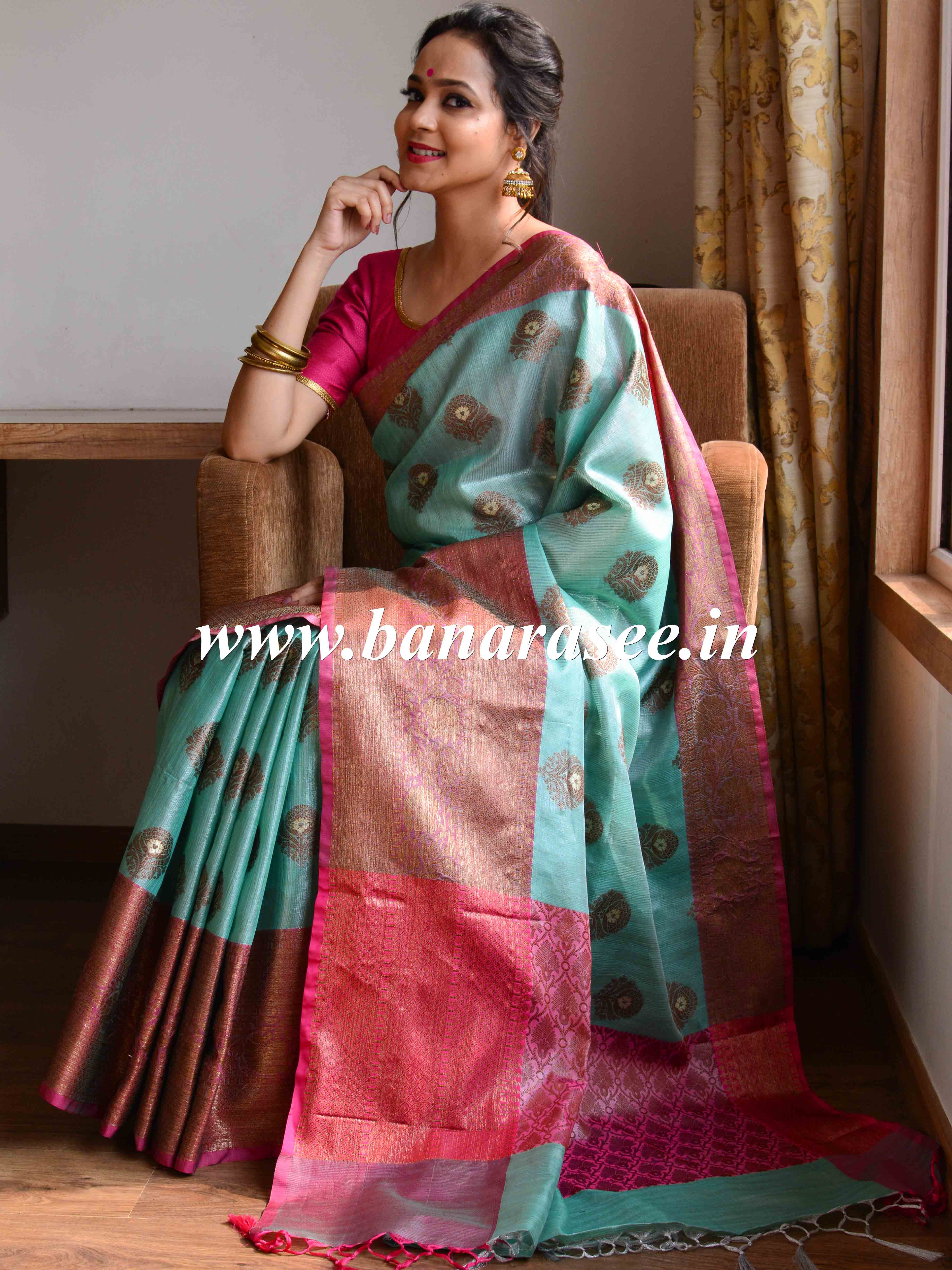 Banarasee Handwoven Antique Zari Buta & Border Saree Zari-Green