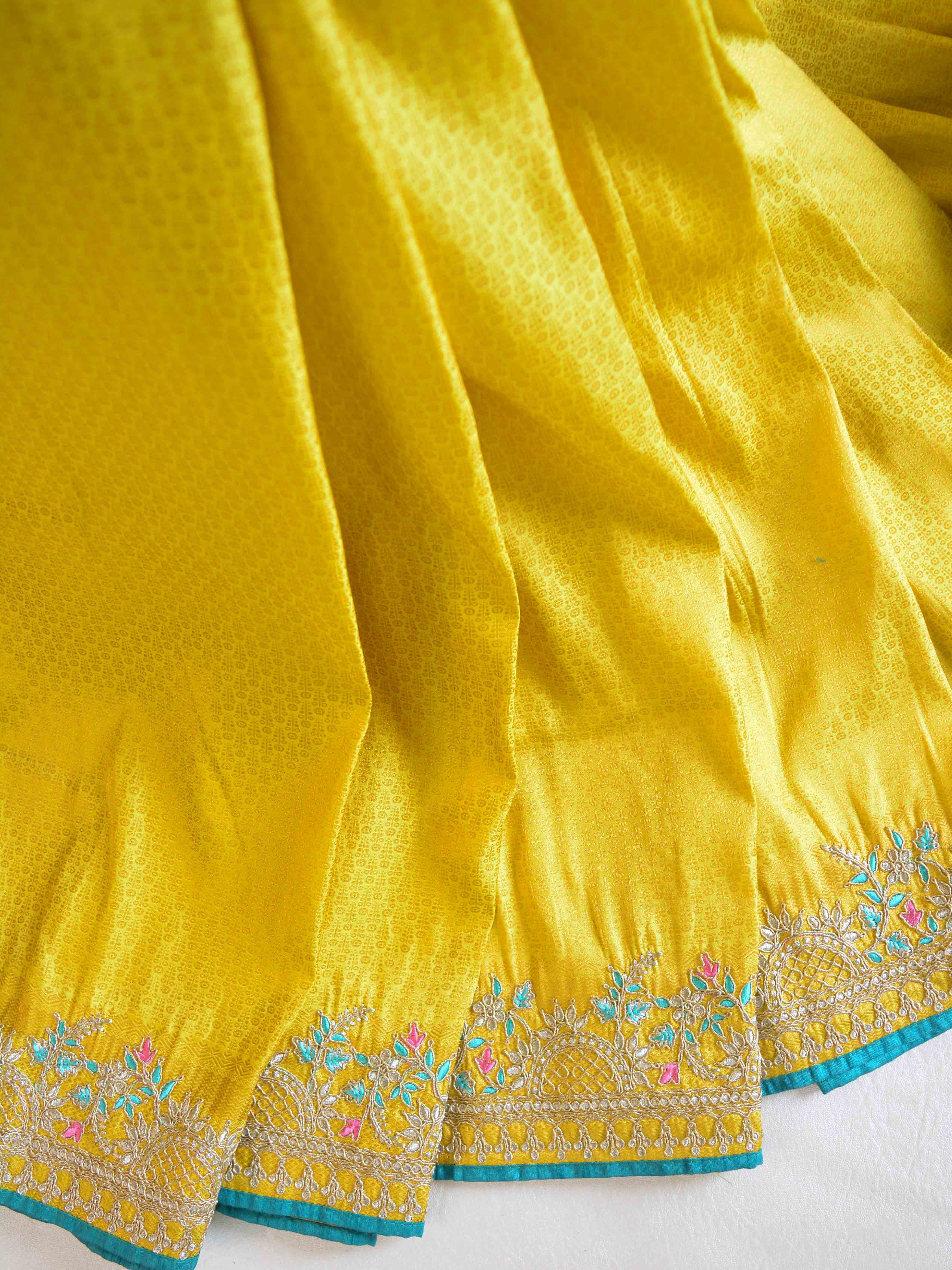 Banarasee Soft Silk Self weaving Saree With Embroidered Border & Contrast Embroidered Blouse-Yellow