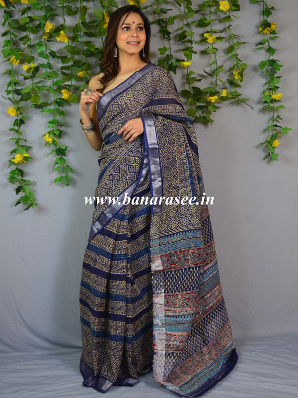 Banarasee Linen Cotton Bagru Hand-Block Printed Saree-Deep Blue