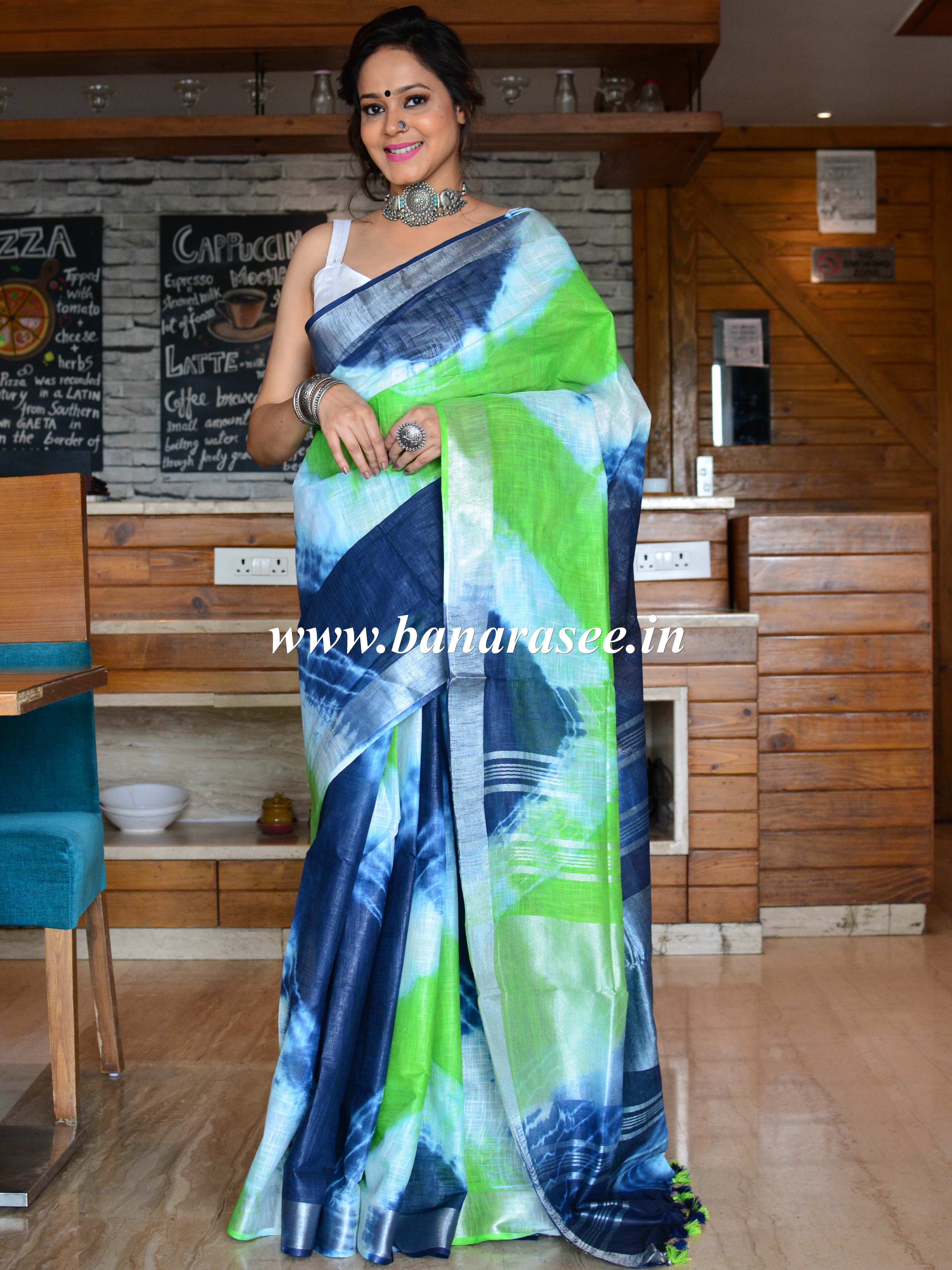 Bhagalpur Handloom Pure Linen Cotton Hand-Dyed Shibori Pattern Saree-Green & Blue