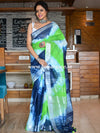 Bhagalpur Handloom Pure Linen Cotton Hand-Dyed Shibori Pattern Saree-Green & Blue