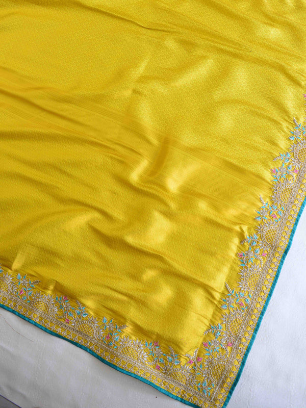 Banarasee Soft Silk Self weaving Saree With Embroidered Border & Contrast Embroidered Blouse-Yellow