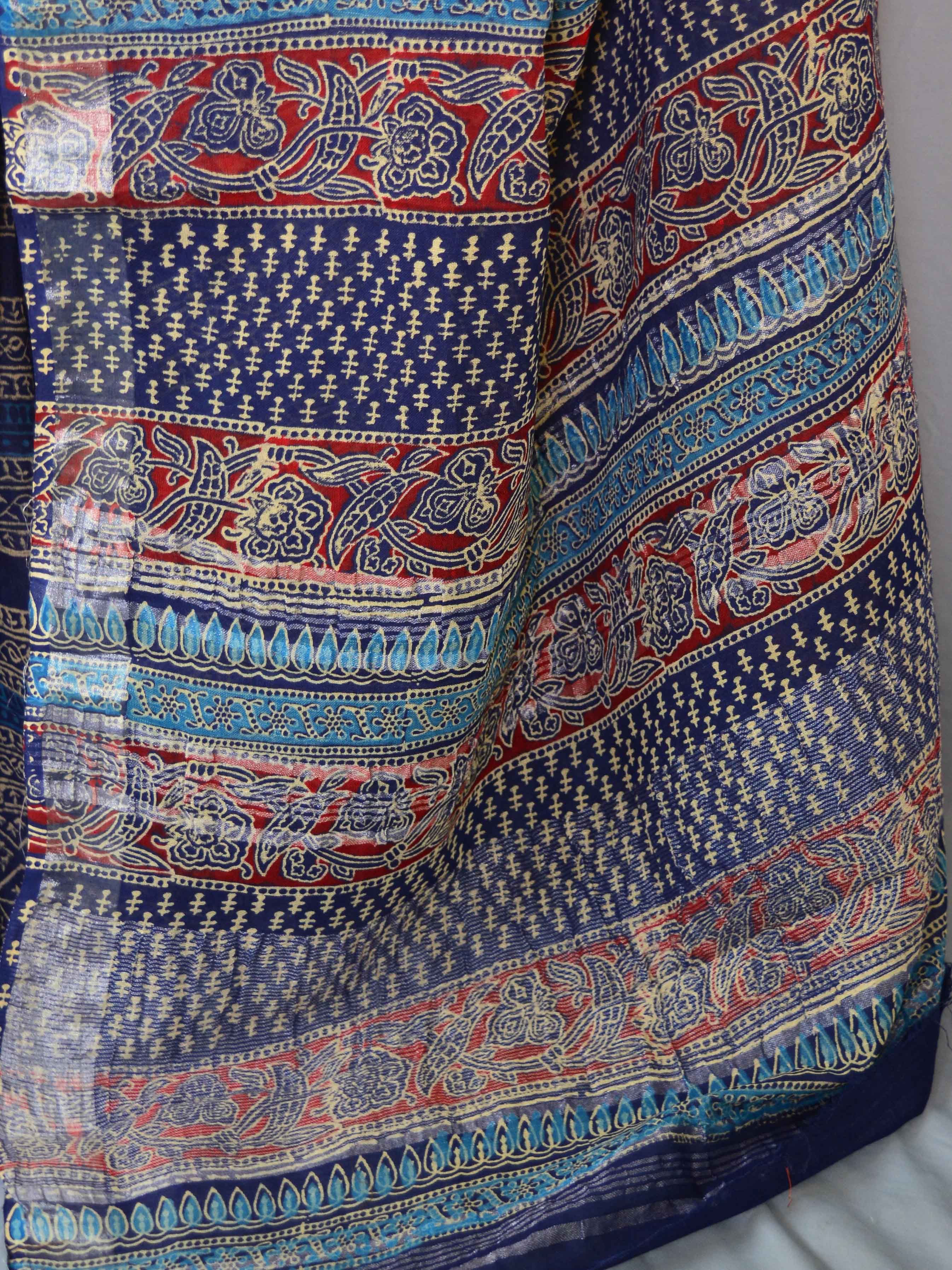 Banarasee Linen Cotton Bagru Hand-Block Printed Saree-Deep Blue