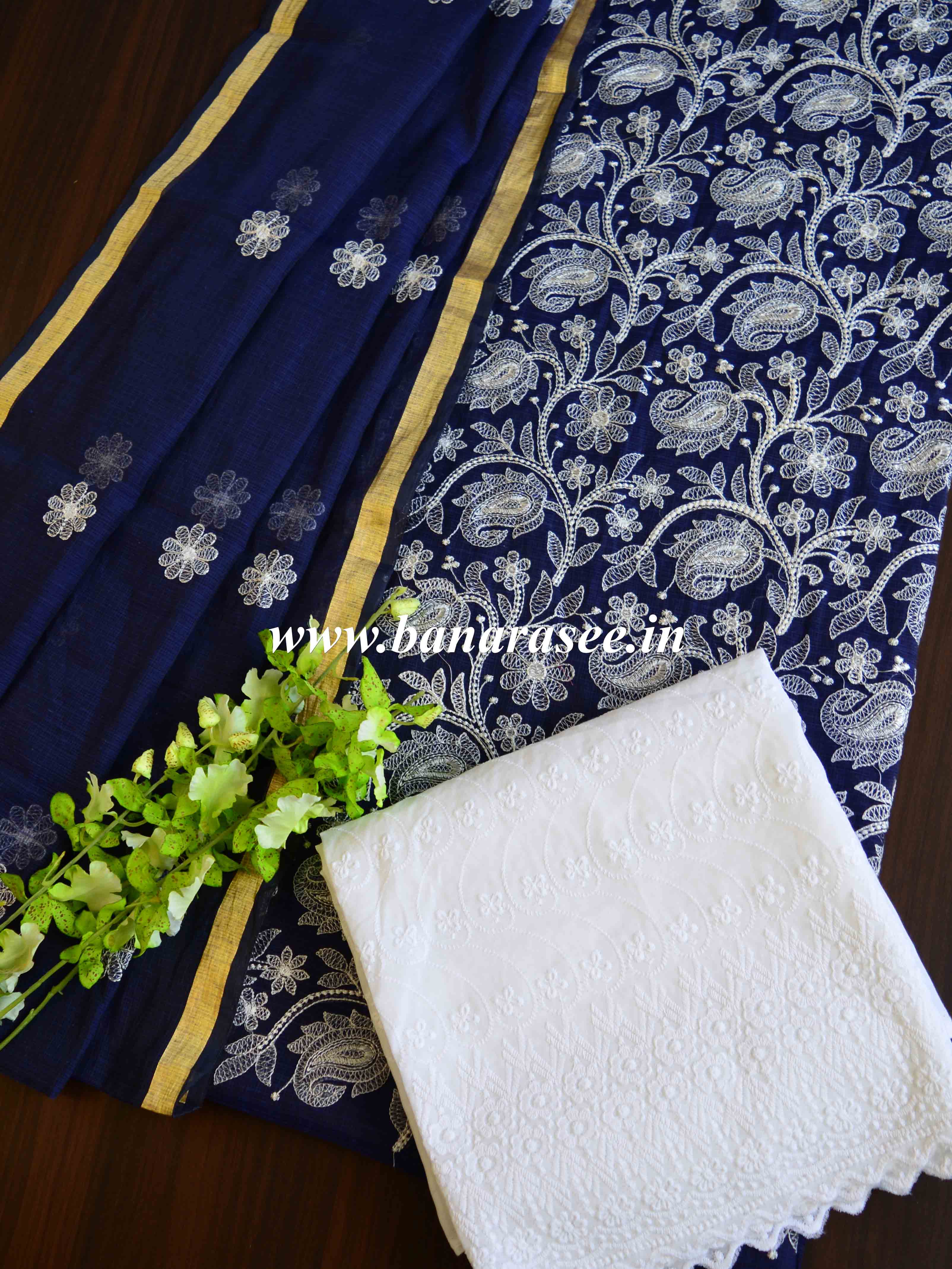 Banarasee Kota Doria Hand-Embroidered Salwar Kameez Dupatta Set-Blue