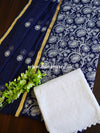 Banarasee Kota Doria Hand-Embroidered Salwar Kameez Dupatta Set-Blue