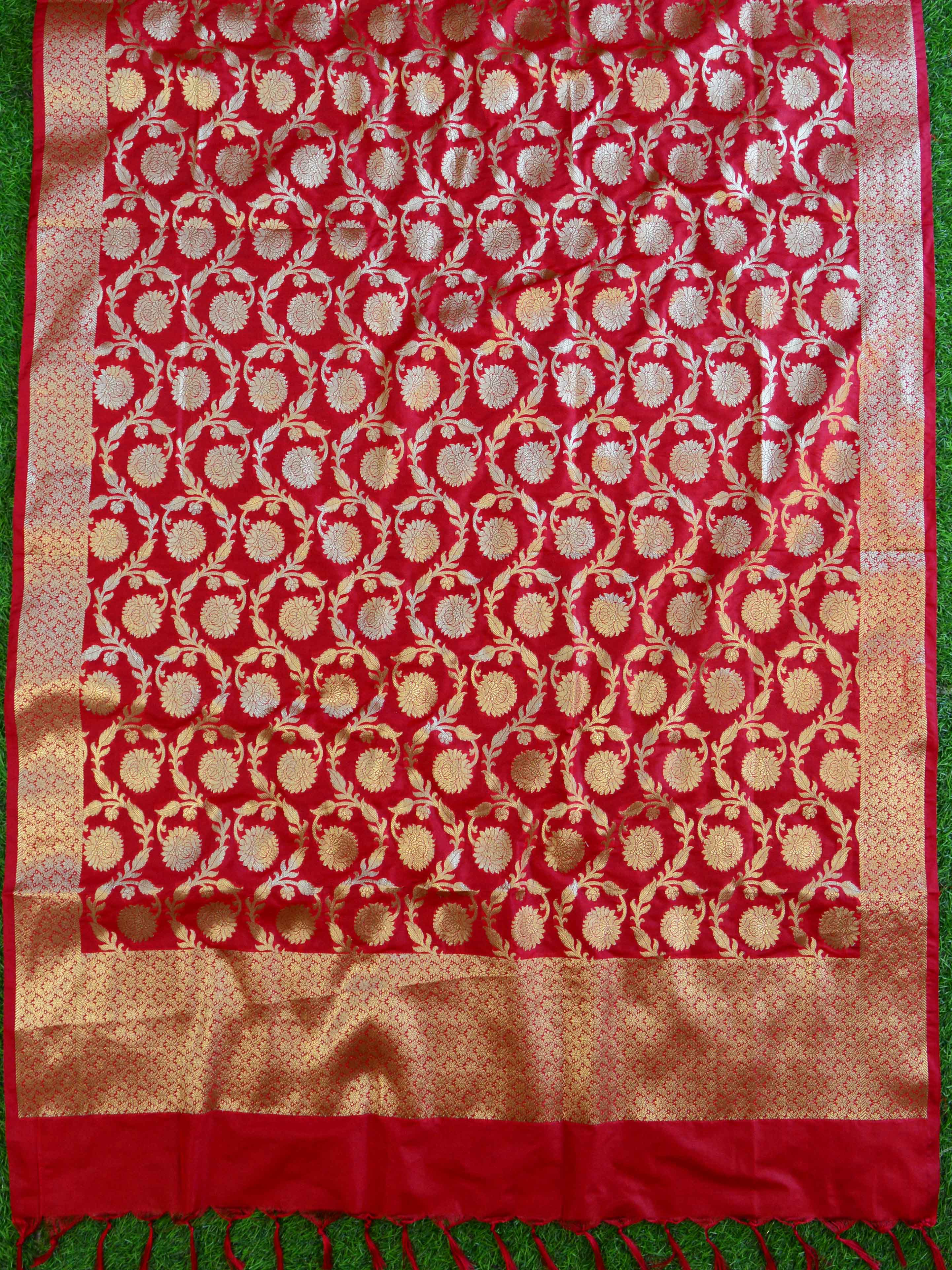 Banarasee Handwoven Semi Silk Salwar Kameez Fabric & Contrast Dupatta-Red & Pink