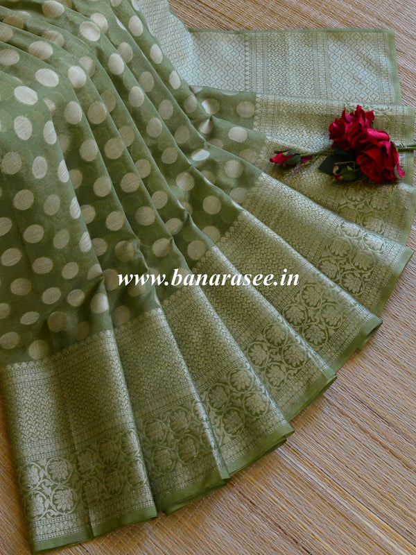 Banarasi Cotton Silk Mix Sari With Polka Dots & Zari Border-Green