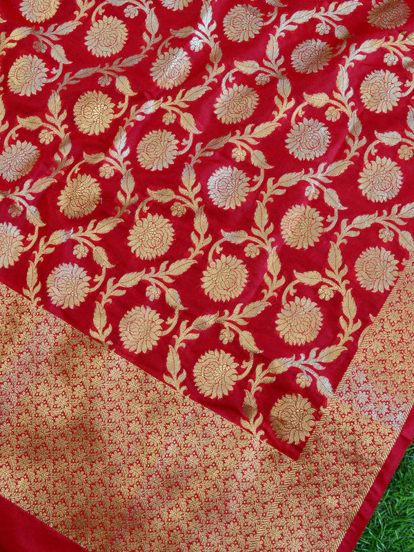 Banarasee Handwoven Semi Silk Salwar Kameez Fabric & Contrast Dupatta-Red & Pink