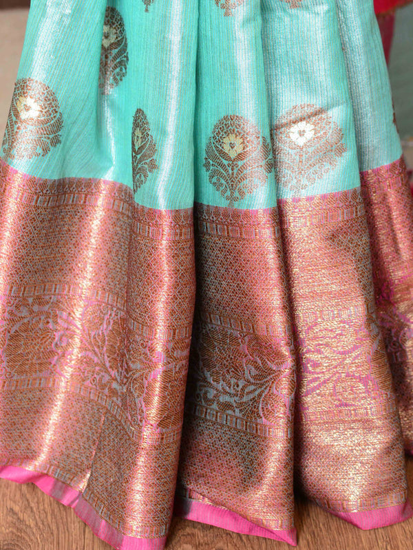 Banarasee Handwoven Antique Zari Buta & Border Saree Zari-Green