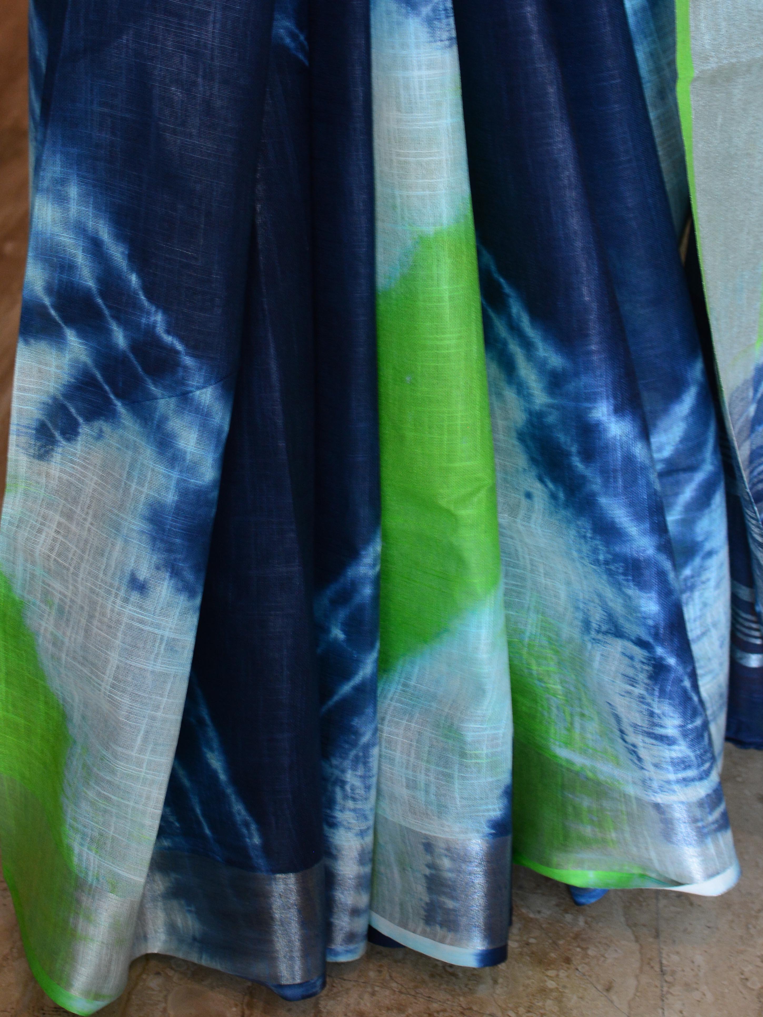 Bhagalpur Handloom Pure Linen Cotton Hand-Dyed Shibori Pattern Saree-Green & Blue