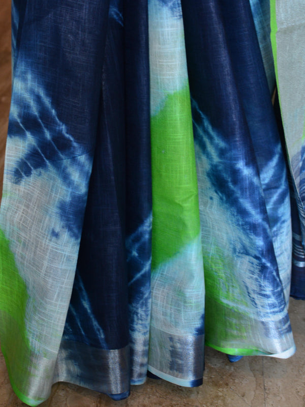 Bhagalpur Handloom Pure Linen Cotton Hand-Dyed Shibori Pattern Saree-Green & Blue