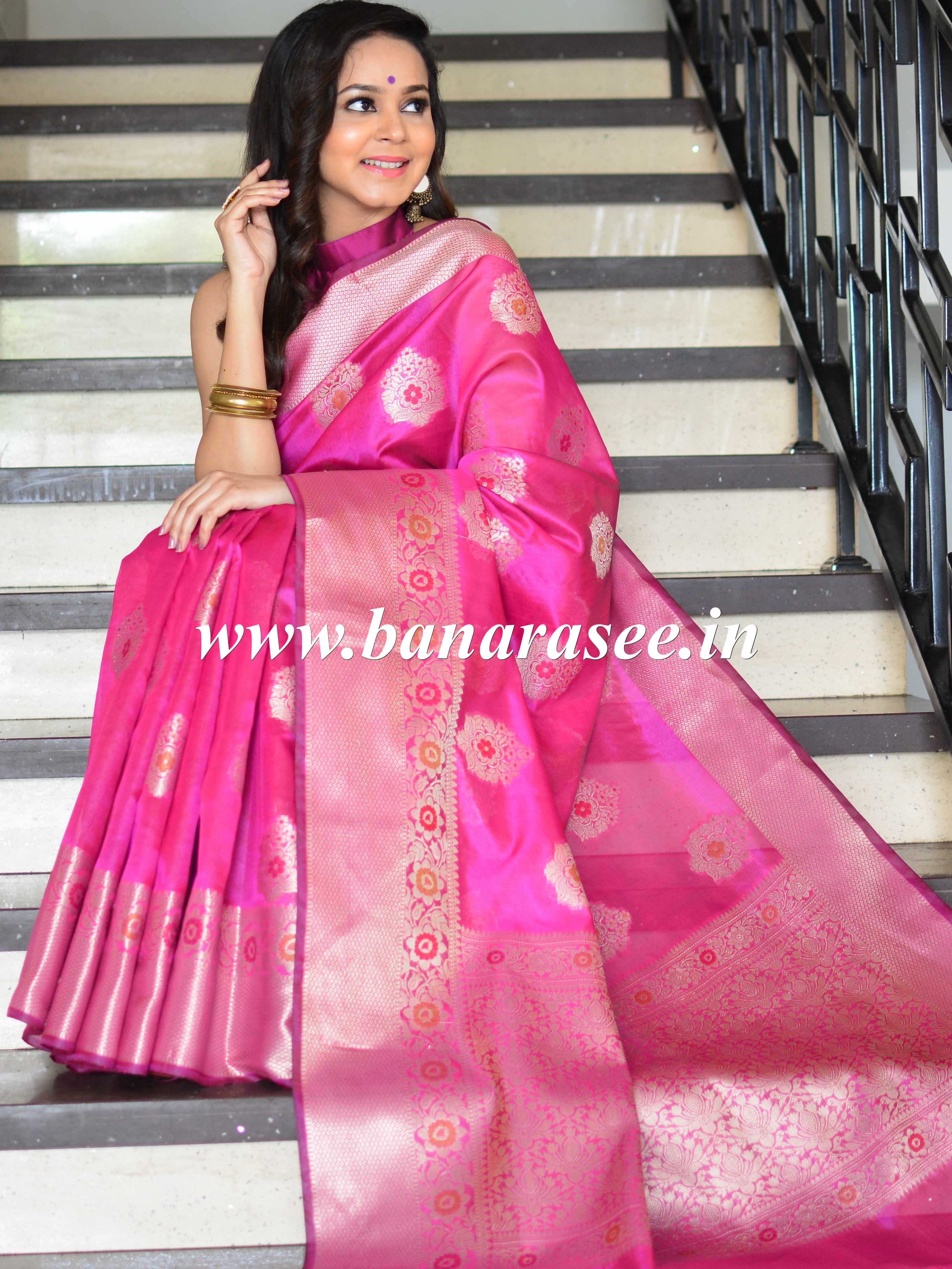 Banarasee Cotton Silk Saree With Zari & Meena Buta & Border-Magenta