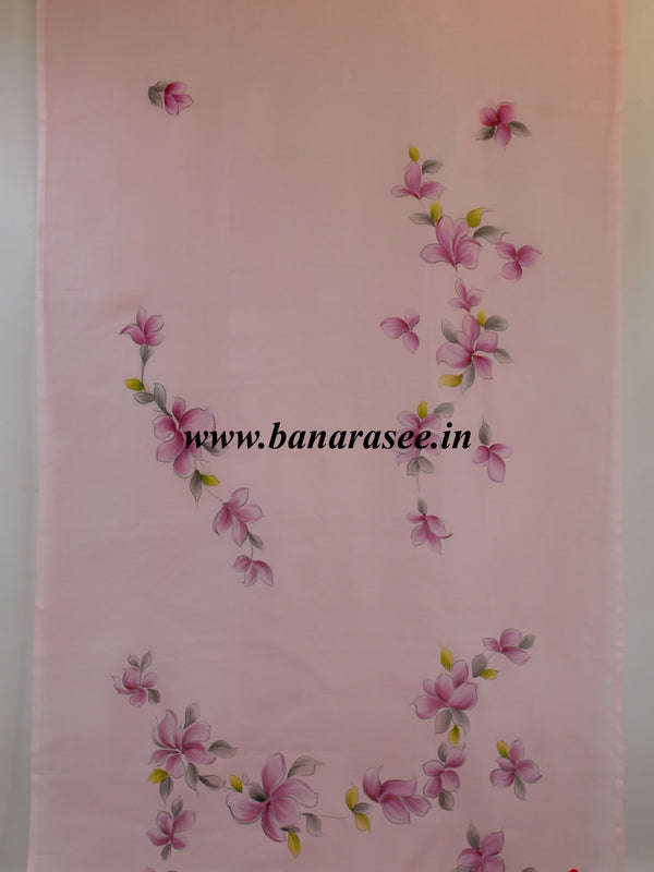 Banarasee Pure Organza Silk Saree With Hand-Paint Floral Design-Pink