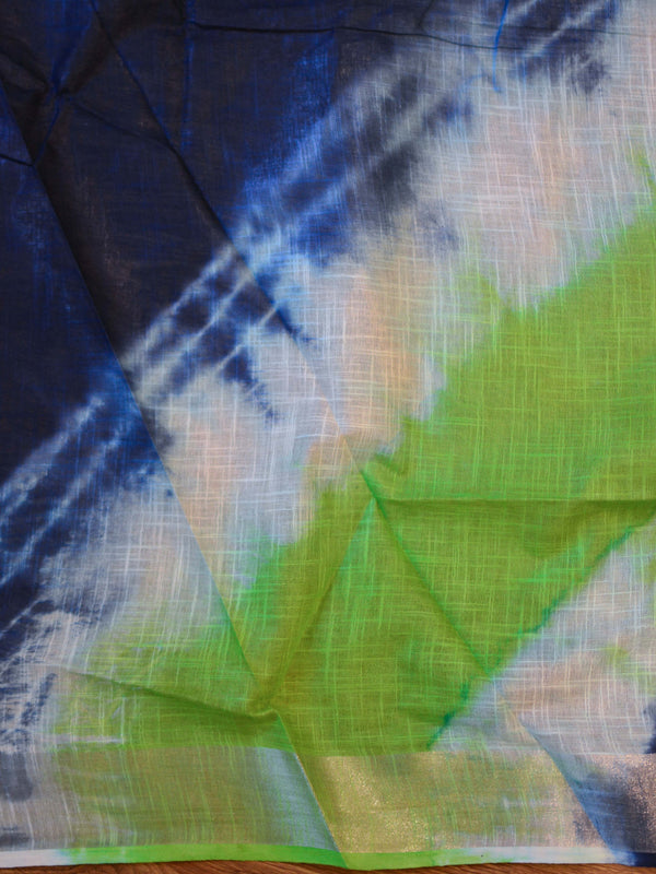 Bhagalpur Handloom Pure Linen Cotton Hand-Dyed Shibori Pattern Saree-Green & Blue