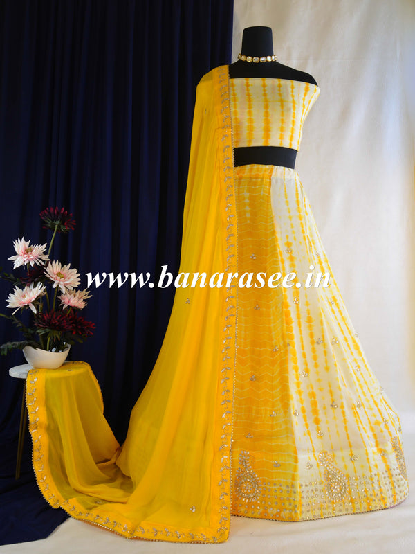 Banarasee Semi-Stitched Shibori Hand-Work Lehenga Blouse & Dupatta-White & Yellow