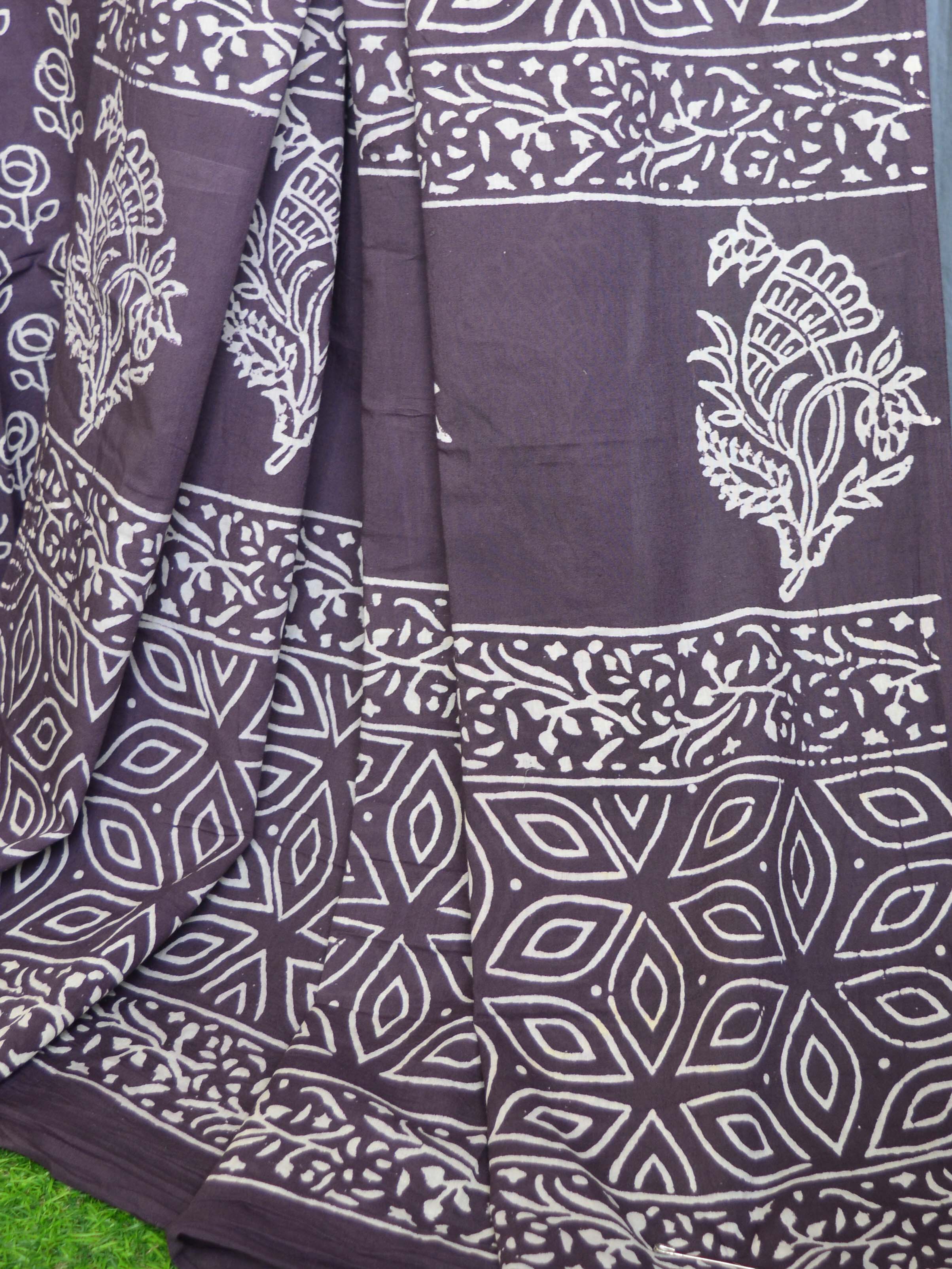 Handloom Mul Cotton Handblock Print Saree-Violet