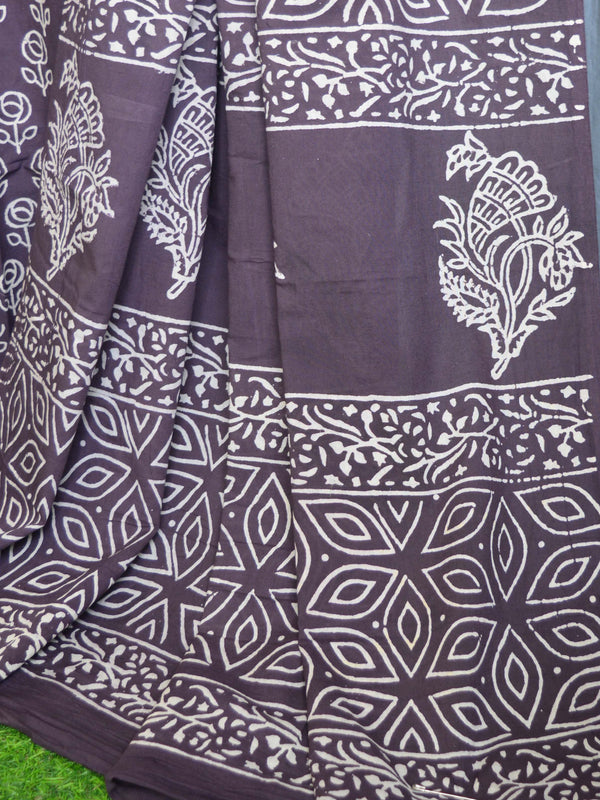 Handloom Mul Cotton Handblock Print Saree-Violet
