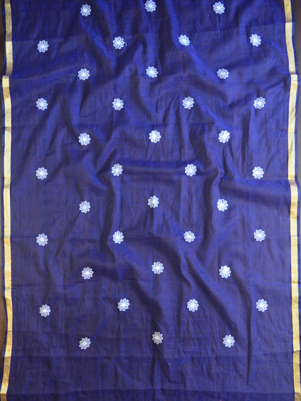 Banarasee Kota Doria Hand-Embroidered Salwar Kameez Dupatta Set-Blue