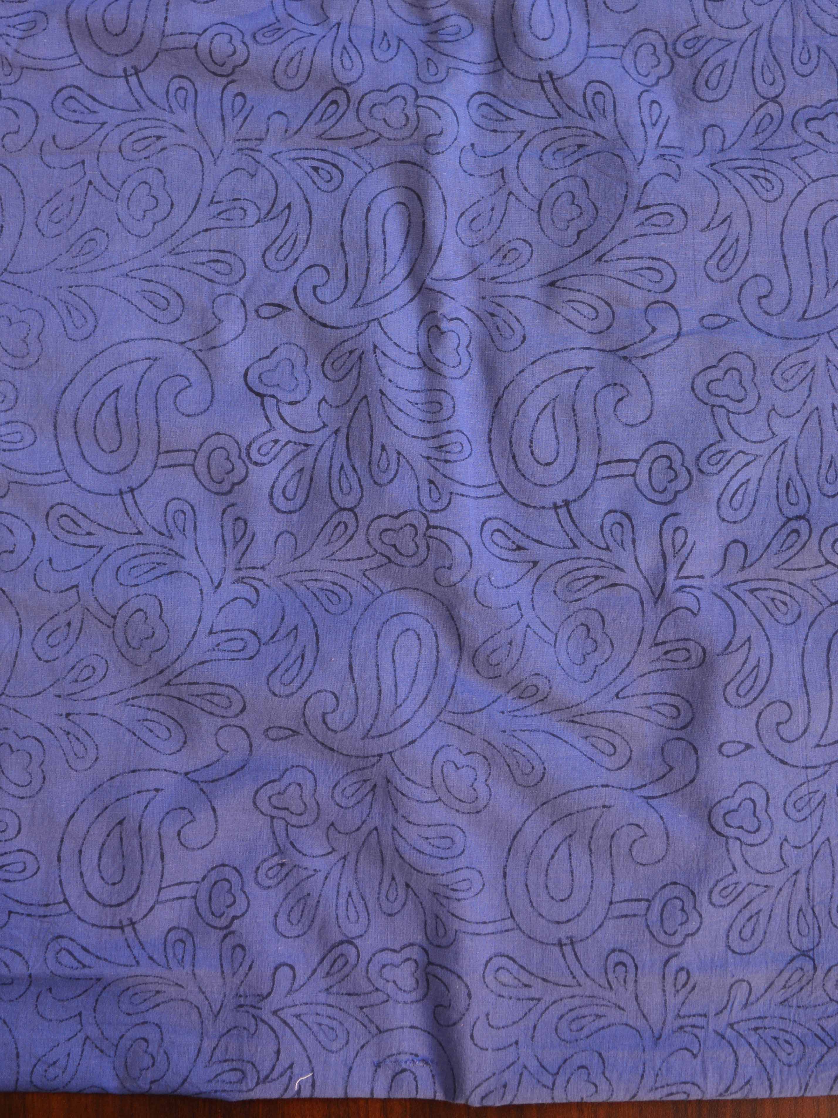 Handloom Mul Cotton Handblock Printed Suit Set With Chiffon Dupatta-Blue & White