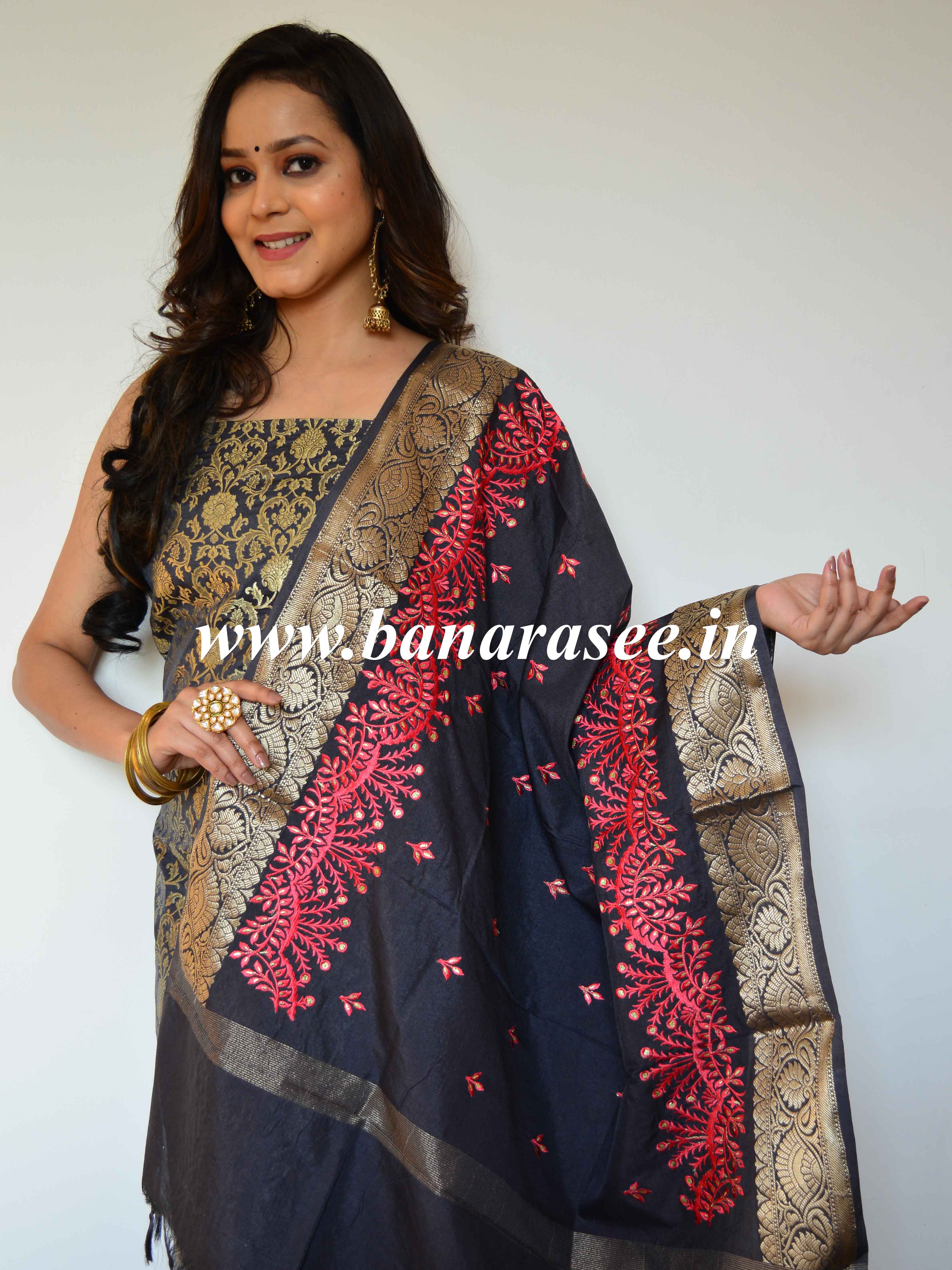 Banarasee Art Silk Salwar Kameez Fabric With Embroidered Chanderi Dupatta-Grey