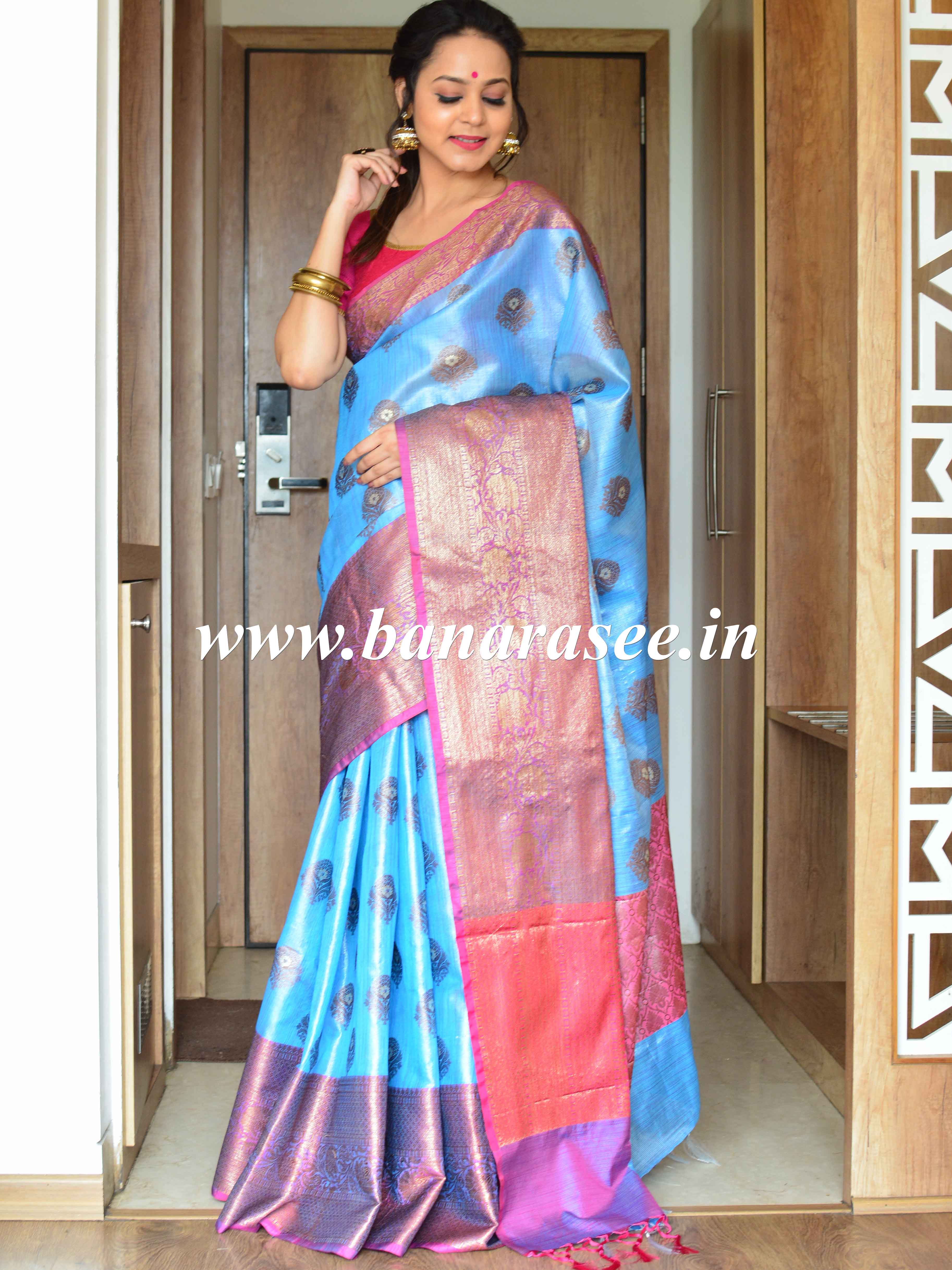 Banarasee Handwoven Antique Zari Buta & Border Saree Zari-Blue