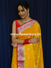 Banarasee Handwoven Semi-Chiffon Saree With Silver Zari Buti Design & Contrast Border-Yellow & Red
