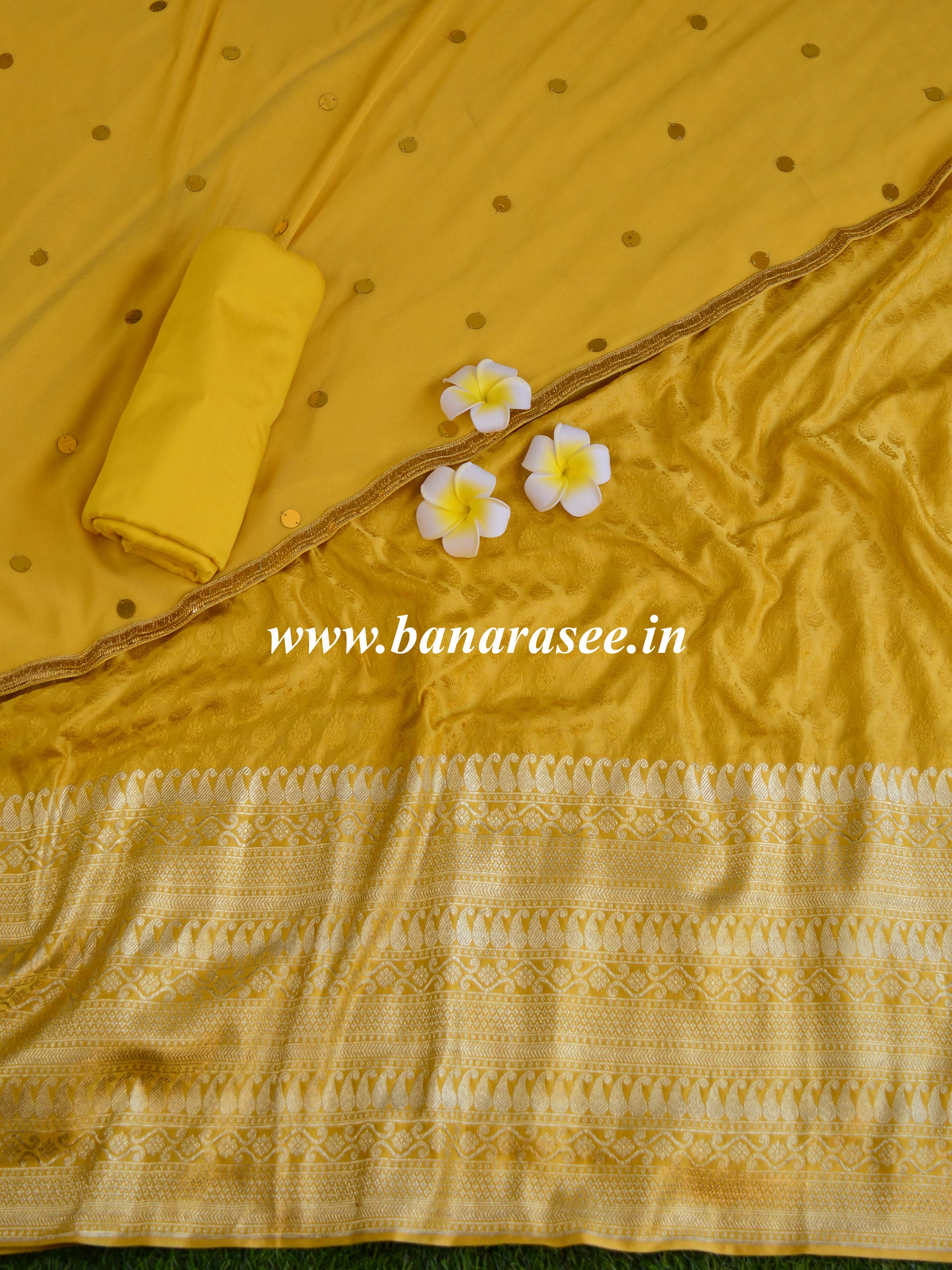 Banarasee Self-Weaving Semi Silk Salwar Kameez Set With Hand-Work Dupatta-Mustard Yellow