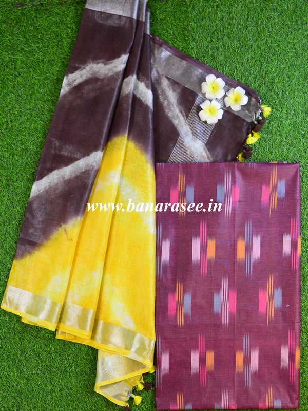 Bhagalpuri Pure Ikkat Kameez With Linen Cotton Shibori Dupatta-Magenta