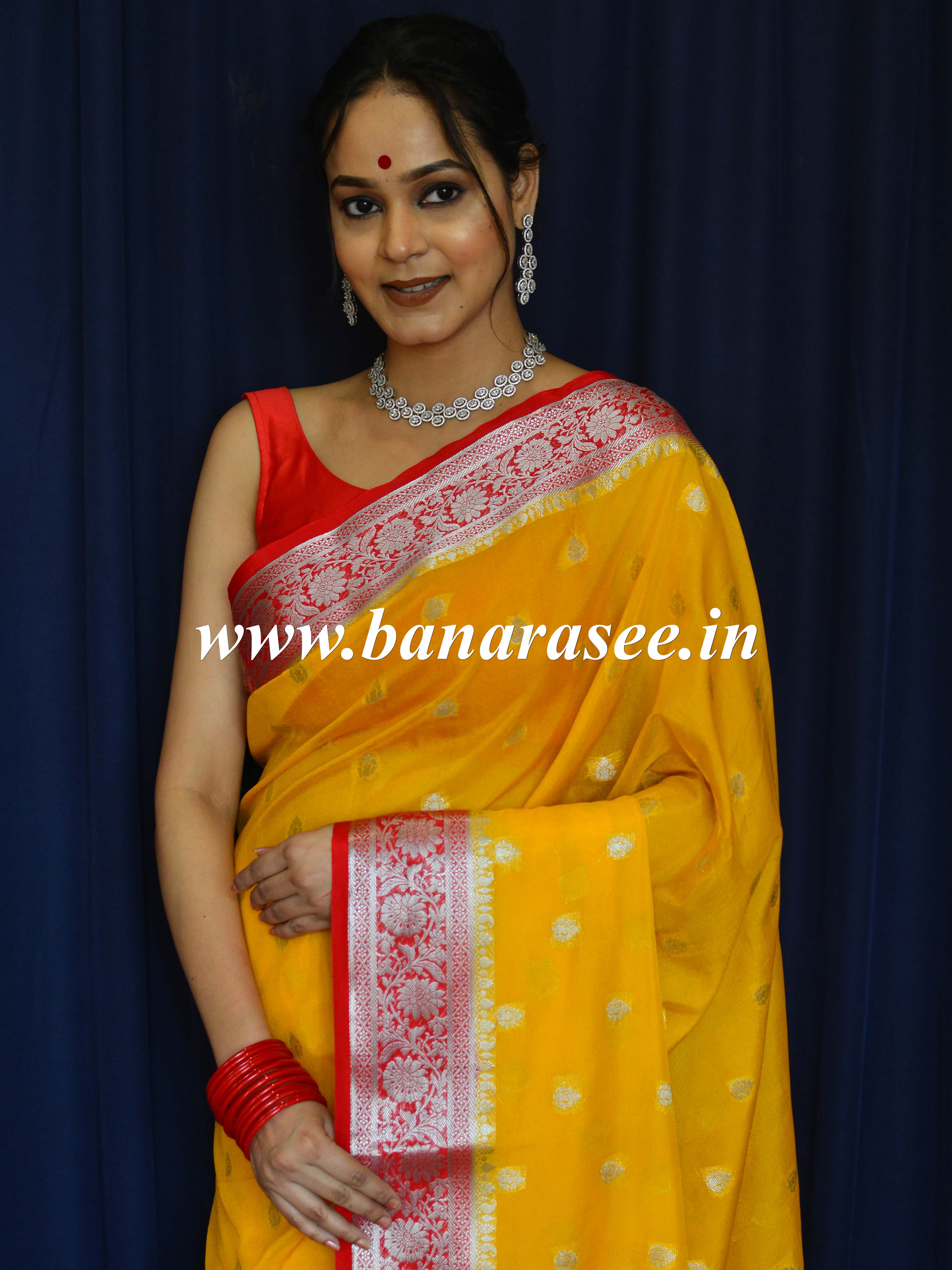 Banarasee Handwoven Semi-Chiffon Saree With Silver Zari Buti Design & Contrast Border-Yellow & Red