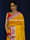 Banarasee Handwoven Semi-Chiffon Saree With Silver Zari Buti Design & Contrast Border-Yellow & Red