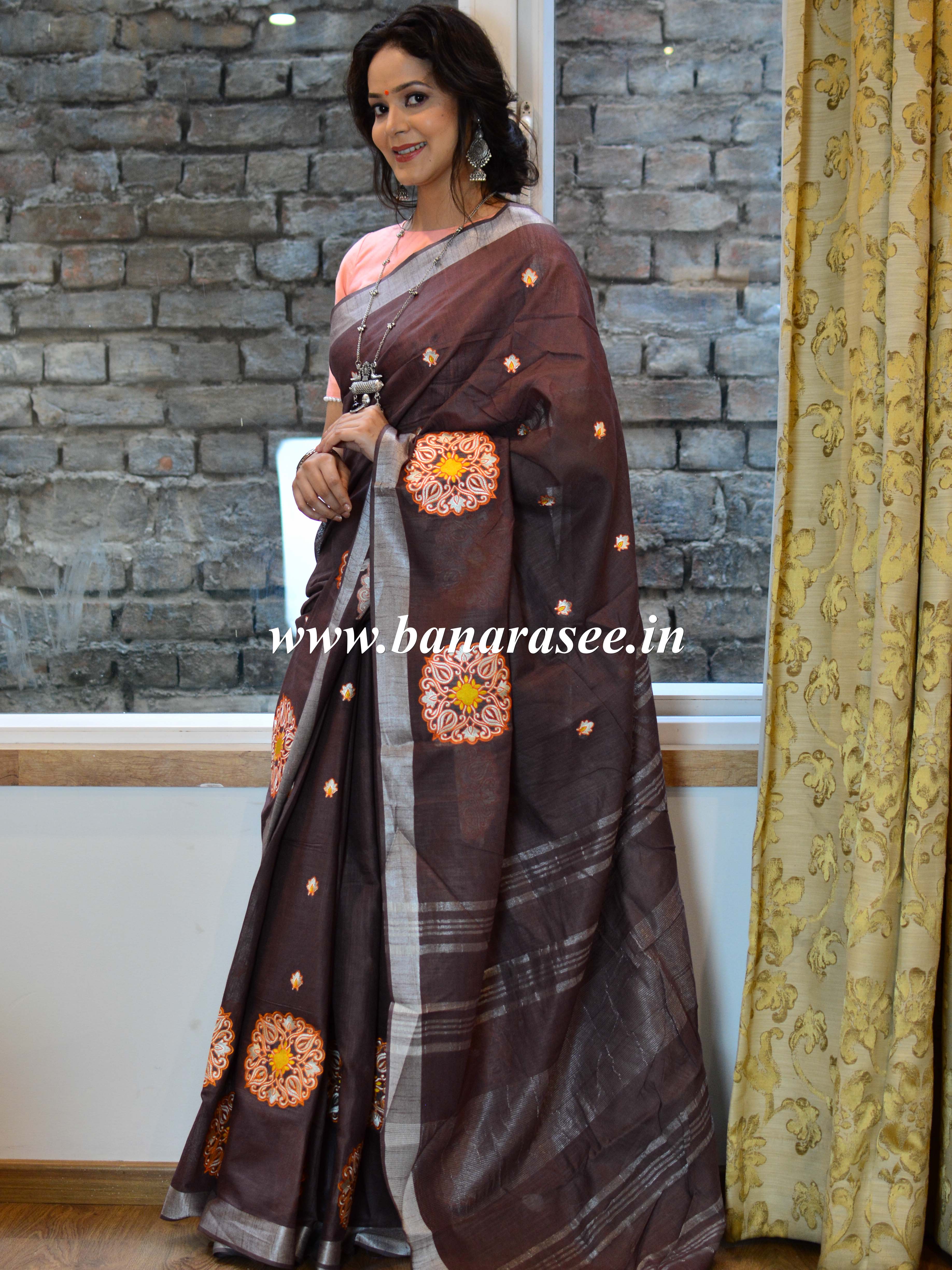 Bhagalpur Handloom Pure Linen Cotton Resham Embroidered Saree-Brown