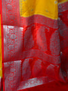 Banarasee Handwoven Semi-Chiffon Saree With Silver Zari Buti Design & Contrast Border-Yellow & Red