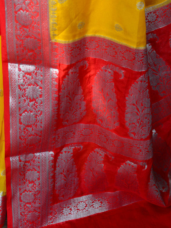 Banarasee Handwoven Semi-Chiffon Saree With Silver Zari Buti Design & Contrast Border-Yellow & Red