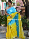 Bhagalpur Handloom Pure Linen Cotton Hand-Dyed Shibori Pattern Saree-Yellow & Blue