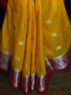 Banarasee Handwoven Semi-Chiffon Saree With Silver Zari Buti Design & Contrast Border-Yellow & Red