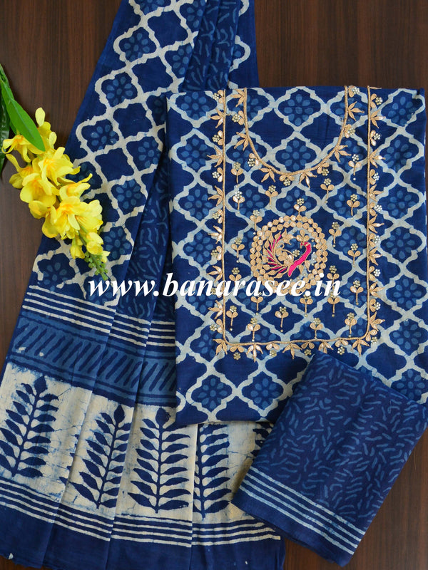Pure Handloom Mul Cotton Bagru Block Print Gotapatti Suit Set-Blue