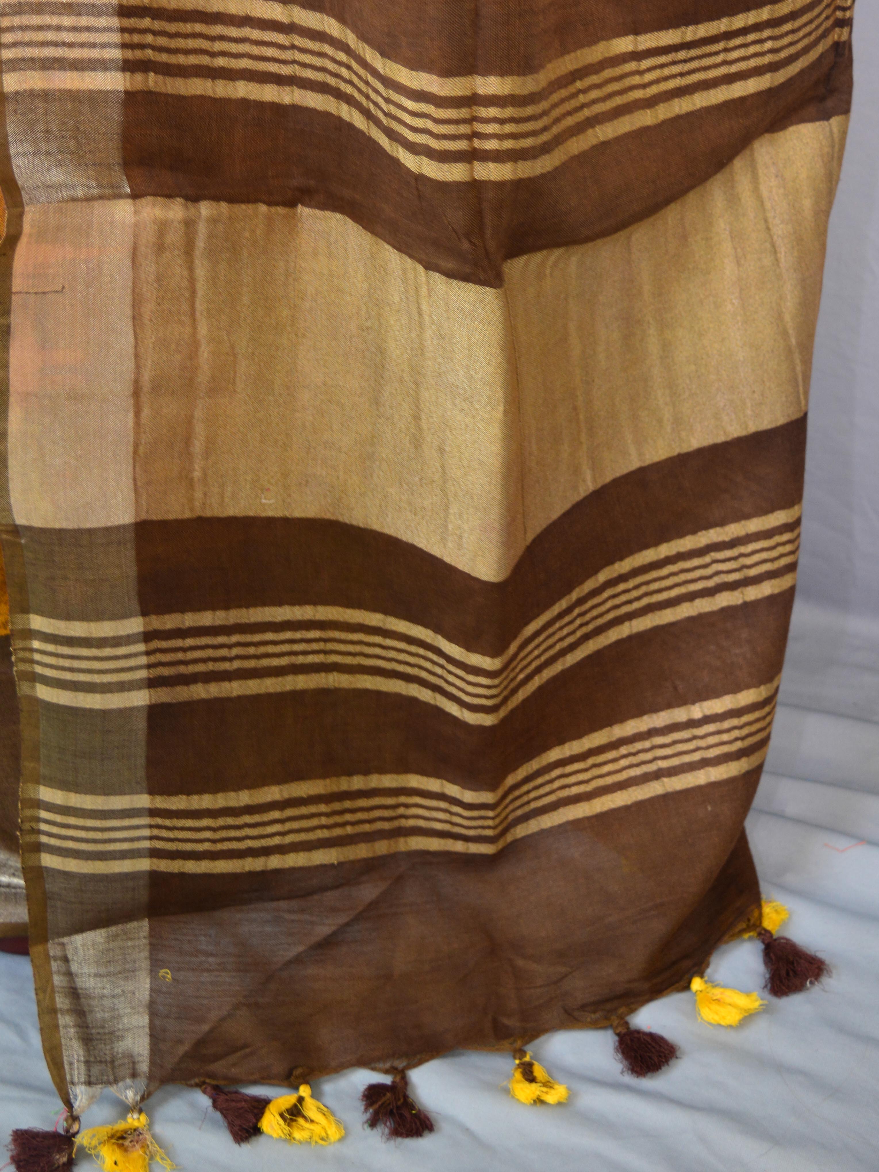 Bhagalpur Handloom Pure Linen Cotton Hand-Dyed Shibori Pattern Saree-Brown
