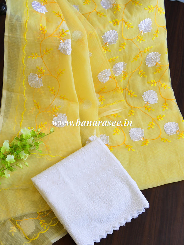Banarasee Kota Doria Heavy Hand-Embroidered Salwar Kameez Dupatta Set-Yellow