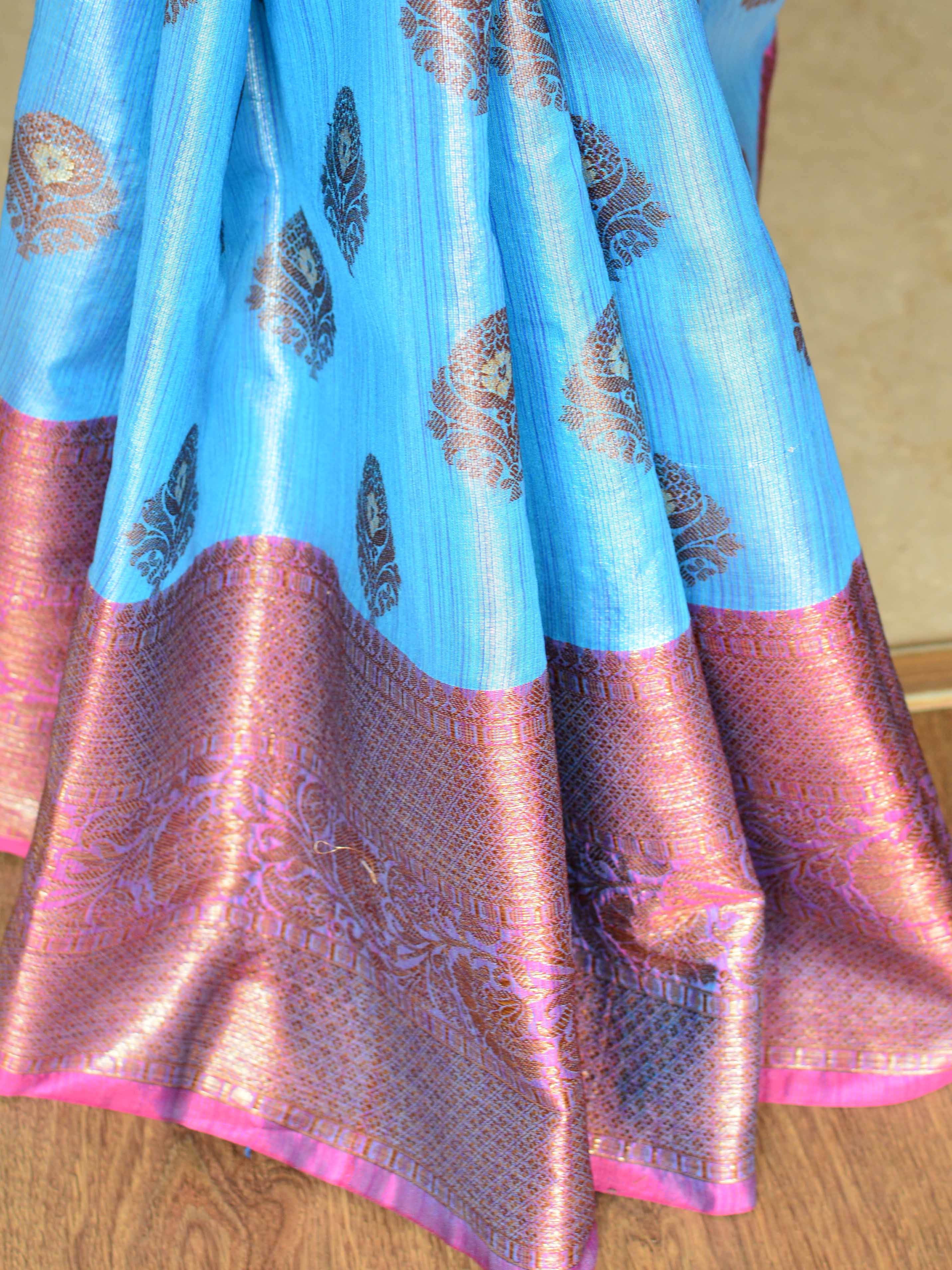 Banarasee Handwoven Antique Zari Buta & Border Saree Zari-Blue