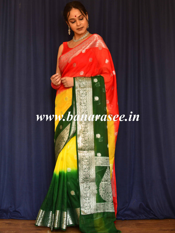 Banarasee Handwoven Semi-Chiffon Saree With Silver Zari Buti Design-Tri Color