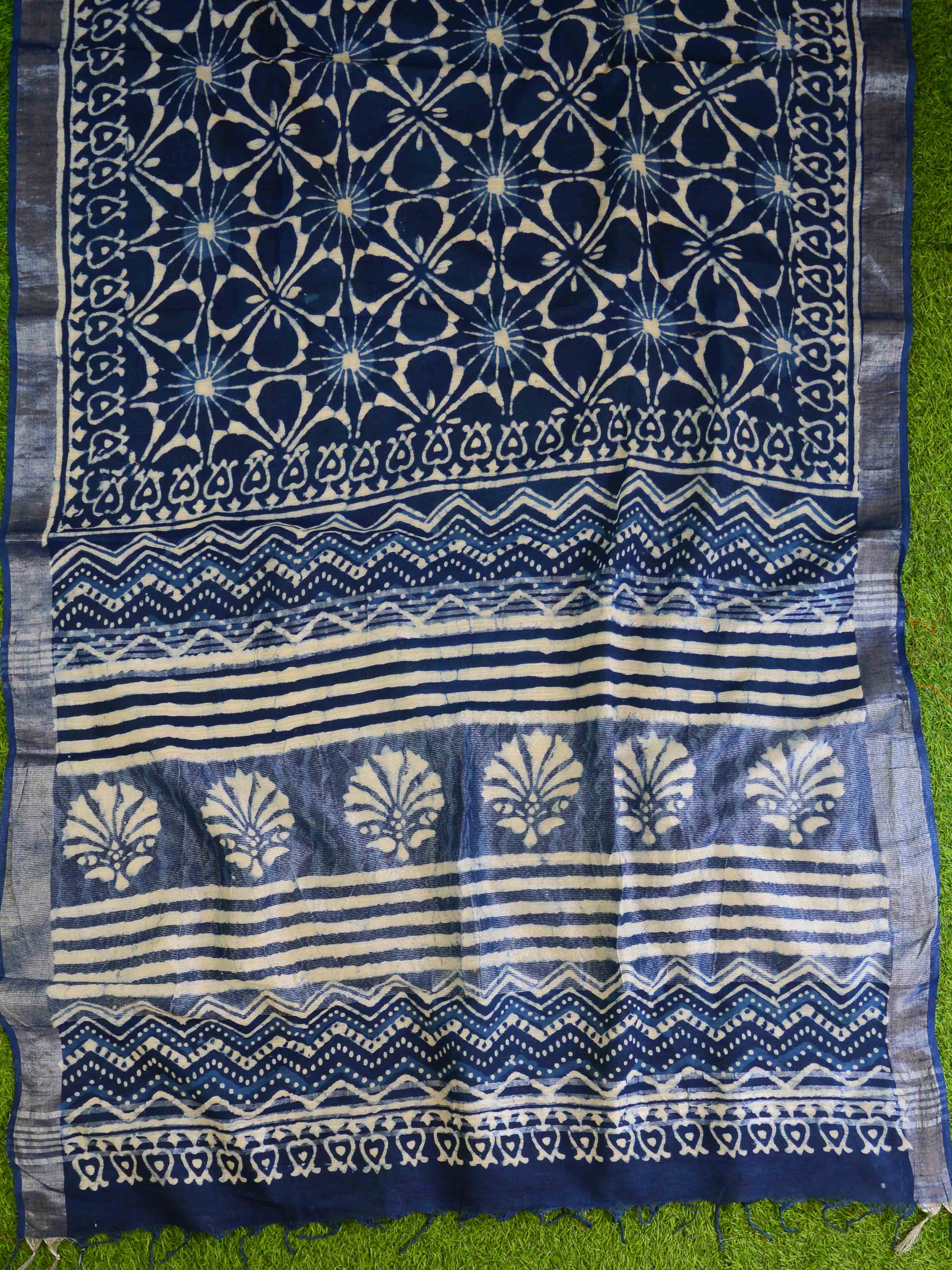 Linen Cotton Bagru Hand-Block Printed Saree-Indigo