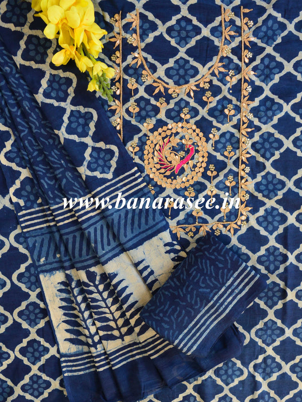 Pure Handloom Mul Cotton Bagru Block Print Gotapatti Suit Set-Blue