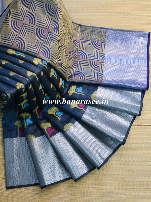 Banarasee Cotton Silk Mix Banswada Sari With Floral Buta & Skirt Border-Blue