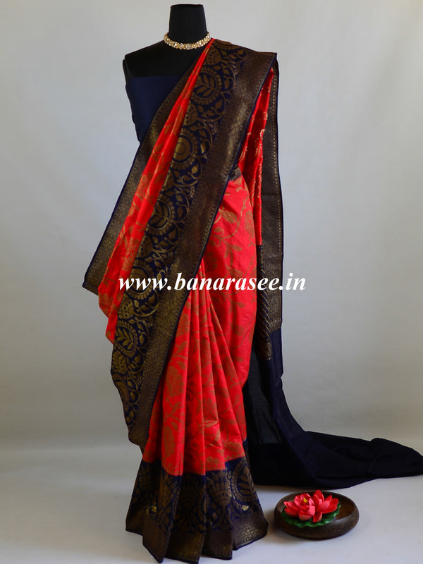 Banarasee Handwoven Semi Silk Saree With Contrast Border-Red & Blue