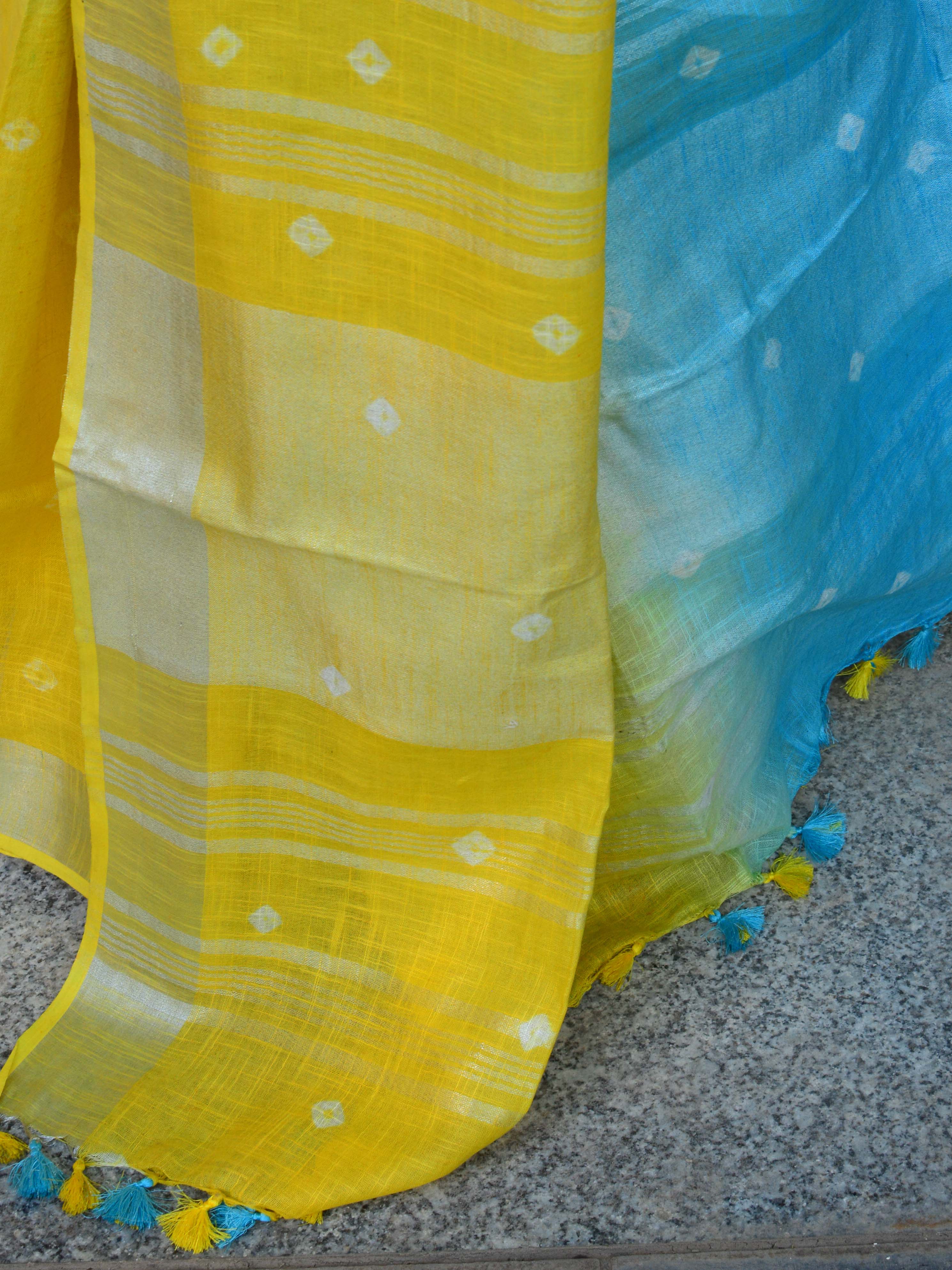 Bhagalpur Handloom Pure Linen Cotton Hand-Dyed Shibori Pattern Saree-Yellow & Blue