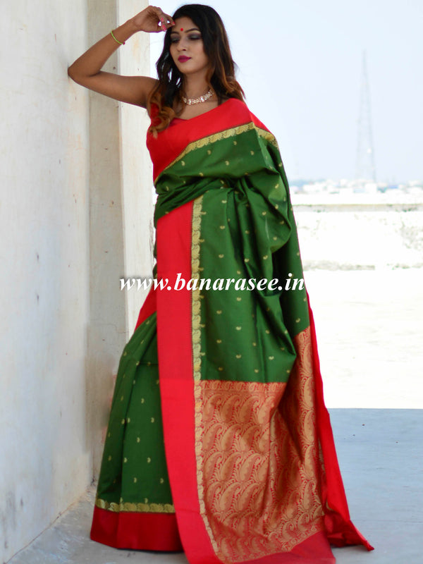 Banarasee Art Silk Saree With Floral Woven Contrast Pallu & Border-Green & Red