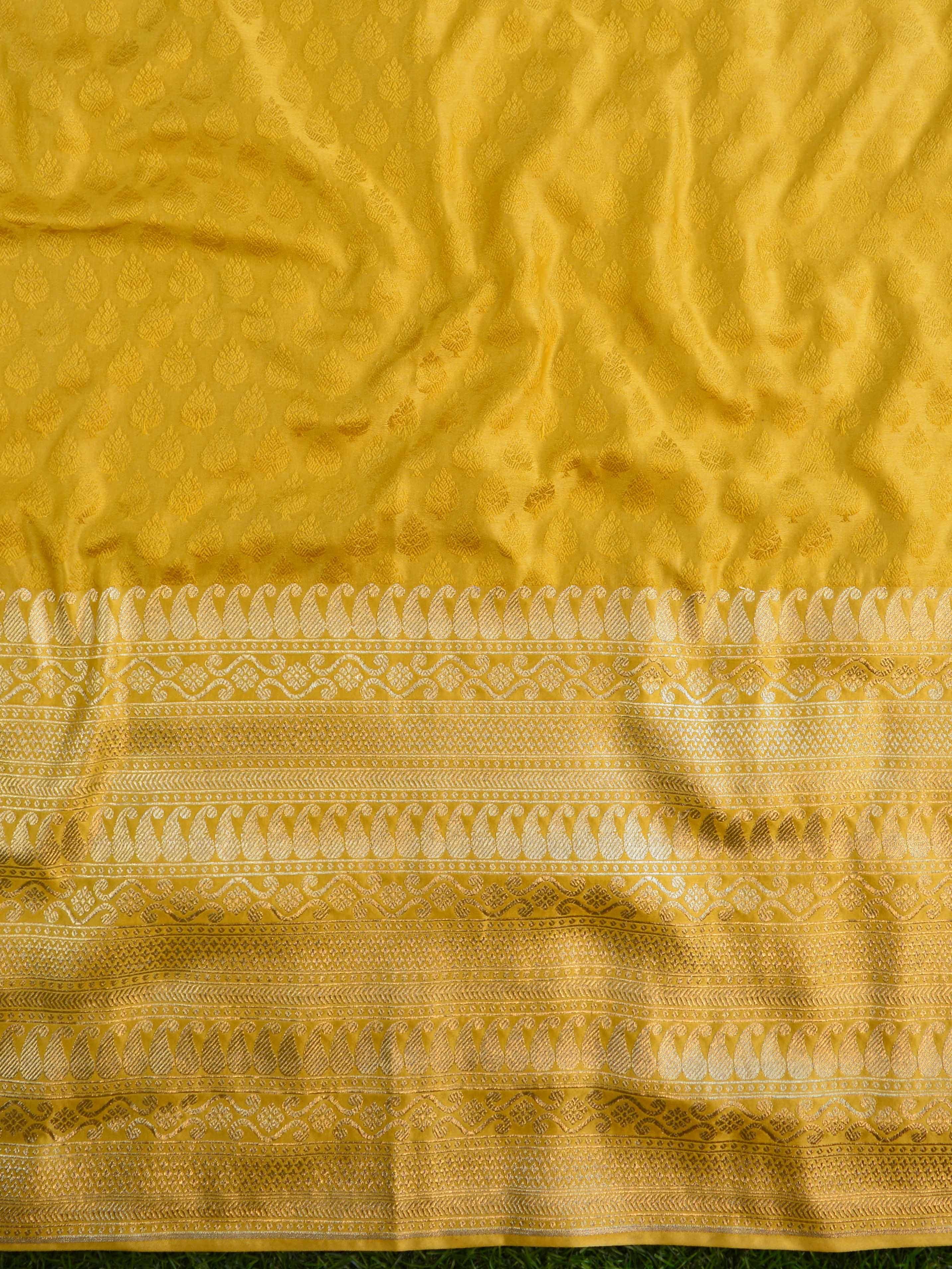 Banarasee Self-Weaving Semi Silk Salwar Kameez Set With Hand-Work Dupatta-Mustard Yellow