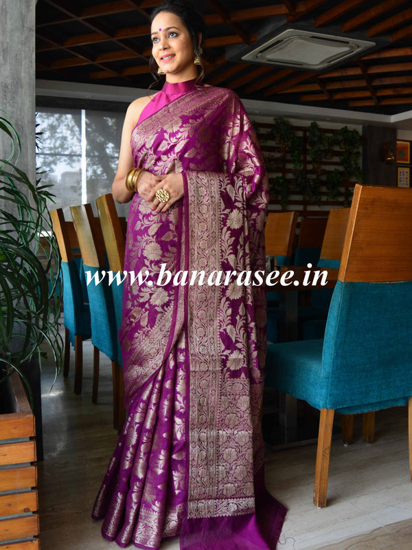 Banarasee Handwoven Semi-Chiffon Saree With Zari Floral Jaal Design-Violet