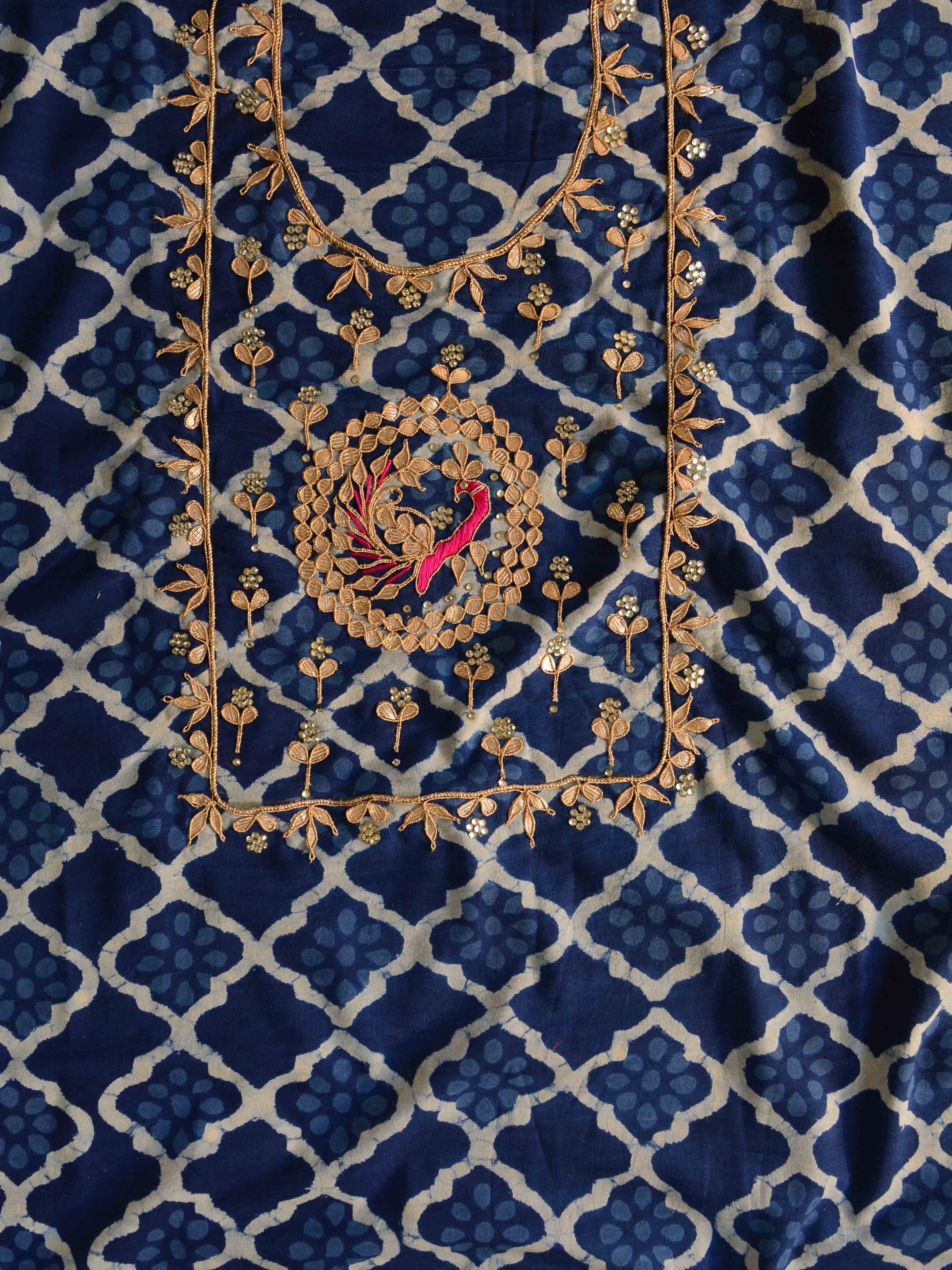 Pure Handloom Mul Cotton Bagru Block Print Gotapatti Suit Set-Blue